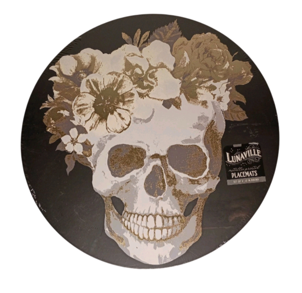 Halloween Skull Floral Placemats with metallic accents (Set of 4, Round 15 inch)